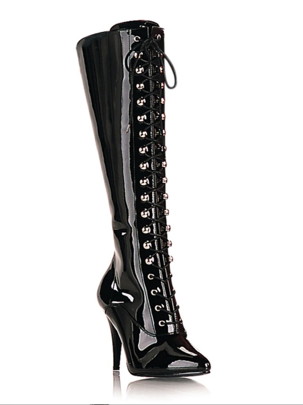 Pleaser Vanity 2020 Black Patent Lace-Up Knee-High Stiletto Boot